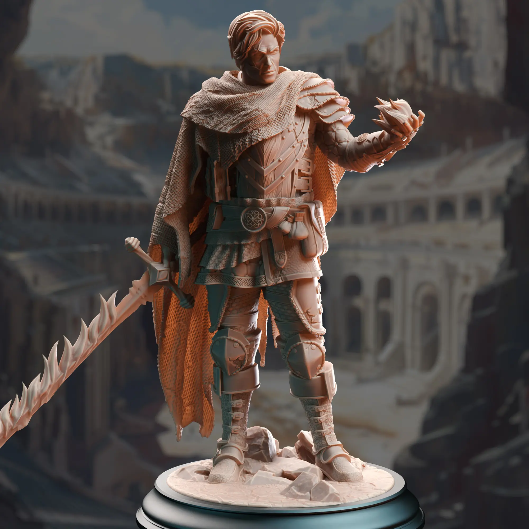 Human psionic spell sword holding a flaming longsword and conjuring a glowing flame in his other hand.